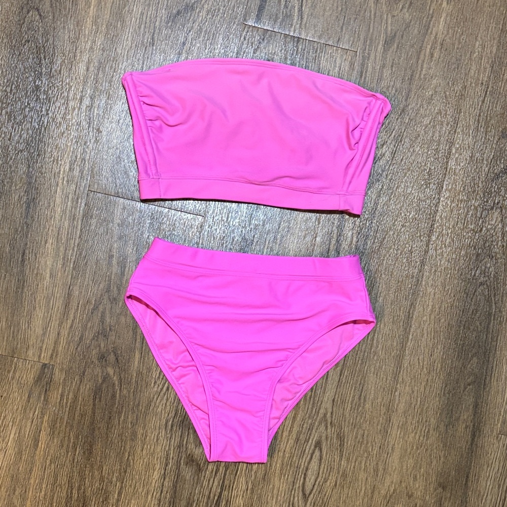 Women's strapless Hot Pink Bandeau structured Bikini Set high waisted